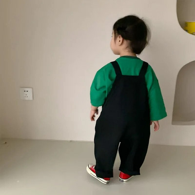 Detské jednofarebné voľné overaly pre chlapcov, jarná potlač, ležérne nohavice cez rameno, roztomilý overal, detské butikové bavlnené nohavice s náprsníkom