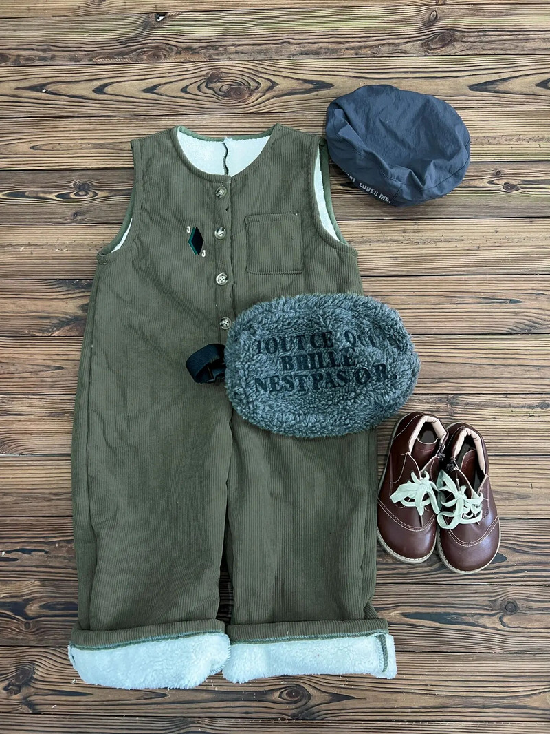 8057 Detské nohavice 2023 Jeseň Zima Nový manšestrový a zamatový overal Jednoduchý dievčenský overal s trakmi