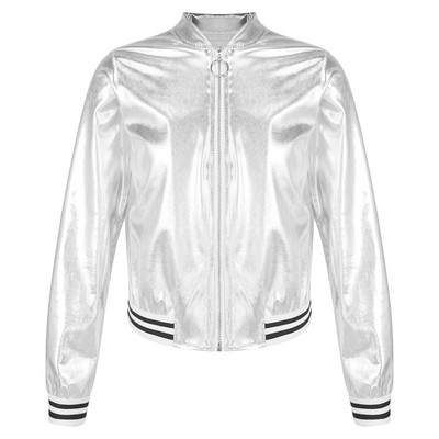 Detské dievčatá Chlapci Lesklá metalická bejzbalová bunda s dlhým rukávom Ležérne športové bomber bundy Jazz Hip-hop Street Dance kabáty Vrchné oblečenie