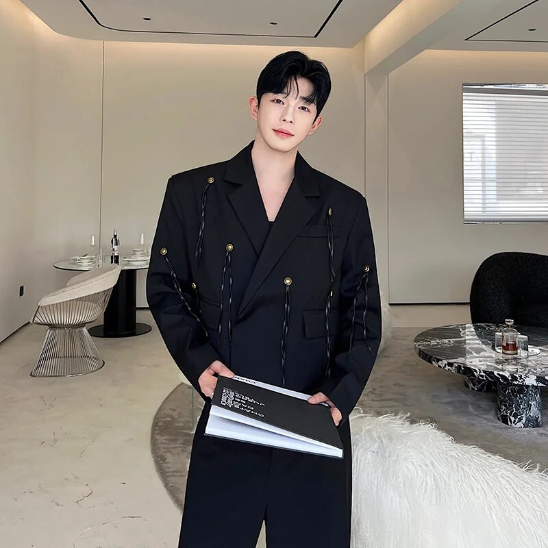 NOYMEI Krátke sako, módny kórejský štýl pre mužov, nový čierny, jesenný, vintage, kovový gombík, strapce, pánsky blazer, trendy WA2552