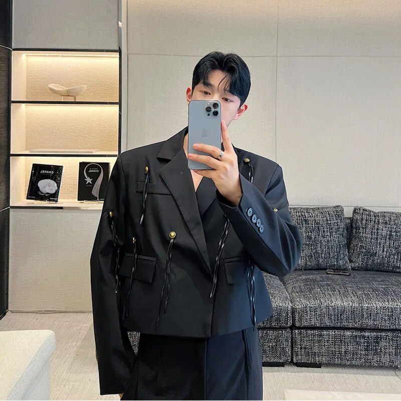NOYMEI Krátke sako, módny kórejský štýl pre mužov, nový čierny, jesenný, vintage, kovový gombík, strapce, pánsky blazer, trendy WA2552