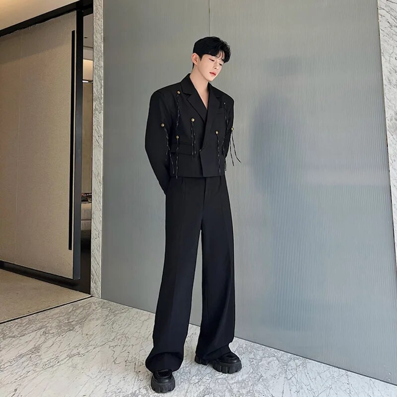 NOYMEI Krátke sako, módny kórejský štýl pre mužov, nový čierny, jesenný, vintage, kovový gombík, strapce, pánsky blazer, trendy WA2552