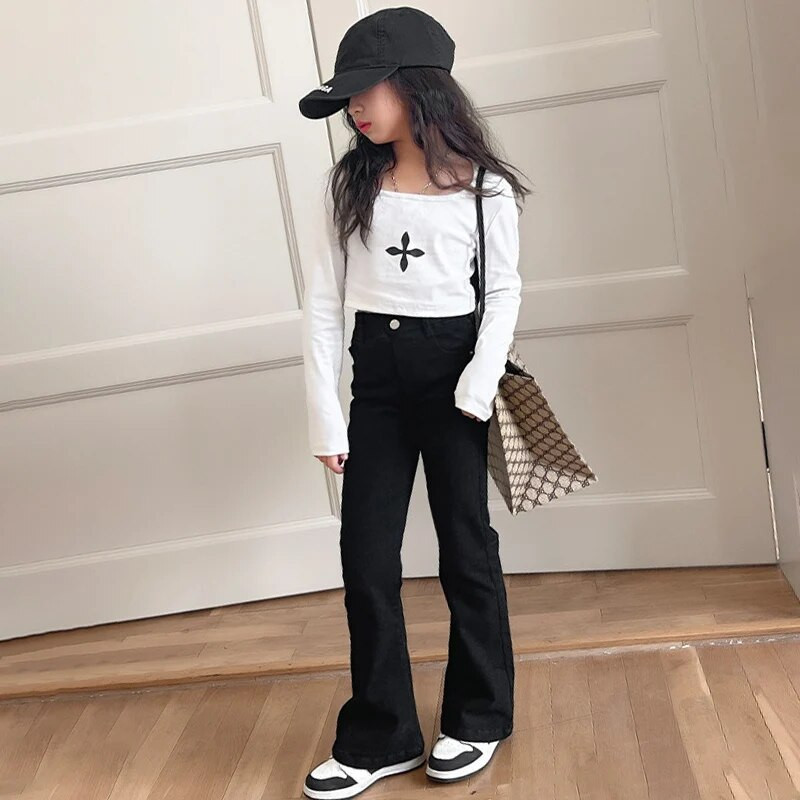 Jarné a jesenné dievčenské rozšírené rifle, detské džínsy, detské nohavice pre dospievajúcich, detské oblečenie, mäkké, úzke, elastické, 5-14 rokov