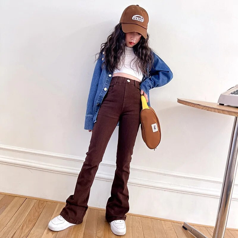 Jarné a jesenné dievčenské rozšírené rifle, detské džínsy, detské nohavice pre dospievajúcich, detské oblečenie, mäkké, úzke, elastické, 5-14 rokov