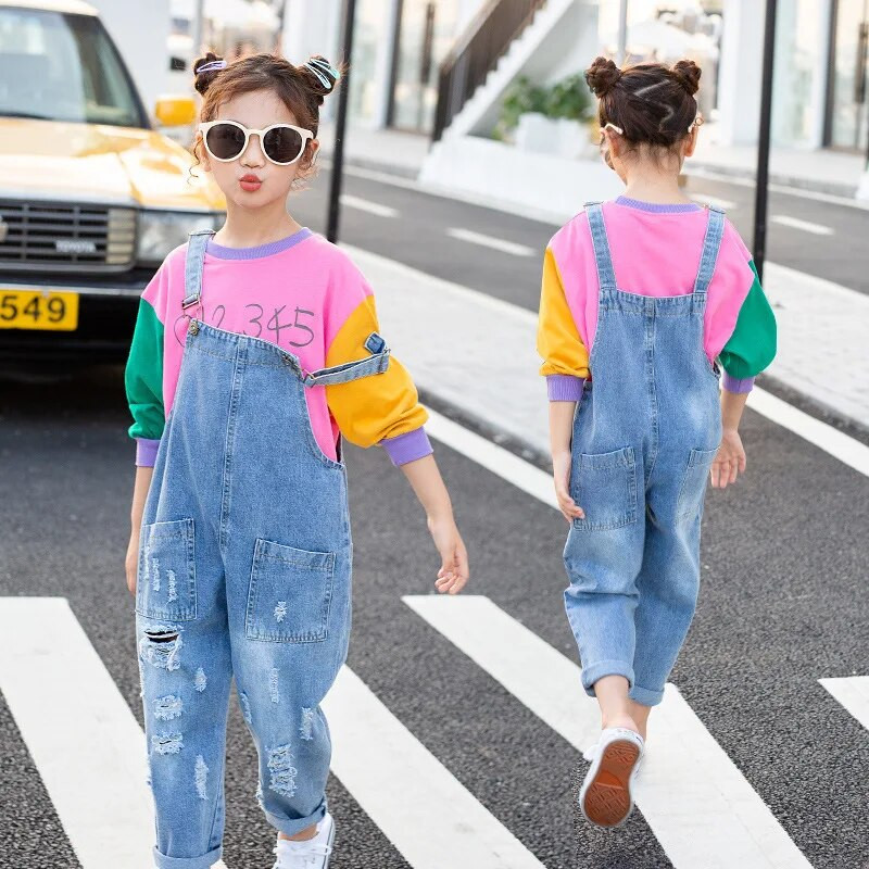 Mergaičių kombinezonas Džinsiniai Kombinezonai Vaikams Mėlyni Reguliuojami diržai Mokykliniai Mergaičių Kelnaitės Vaikiški Džinsai Kelnės mergaitei Džinsinis Romper