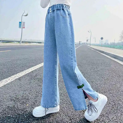 IENENS Dievčenské džínsy s vysokým pásom, vrecovité džínsy, rovné voľné nohavice so širokými nohavicami, jarné a jesenné kórejské módne džínsové nohavice