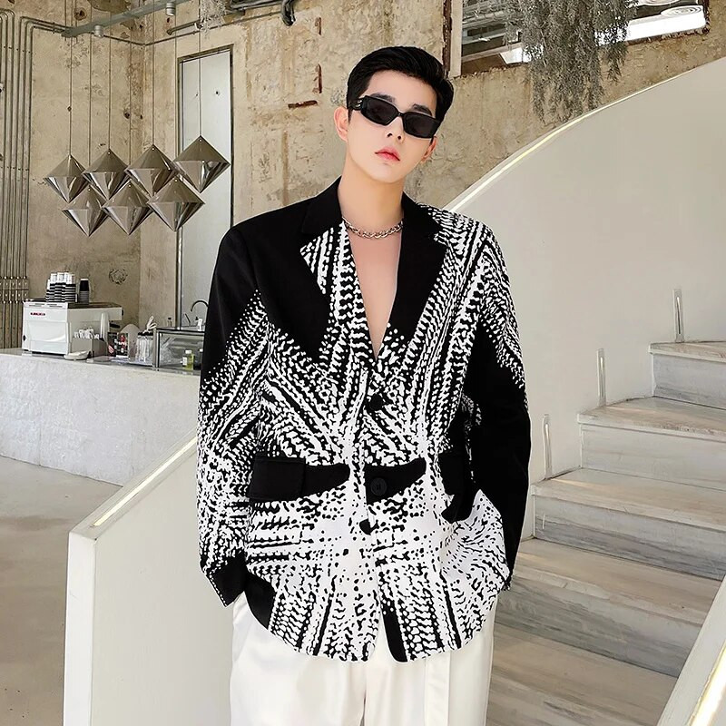 NOYMEI rever 2024 nou costum pentru bărbați haină stil coreean imprimare design la un singur piept moda primăvară temperament sacou masculin WA1166