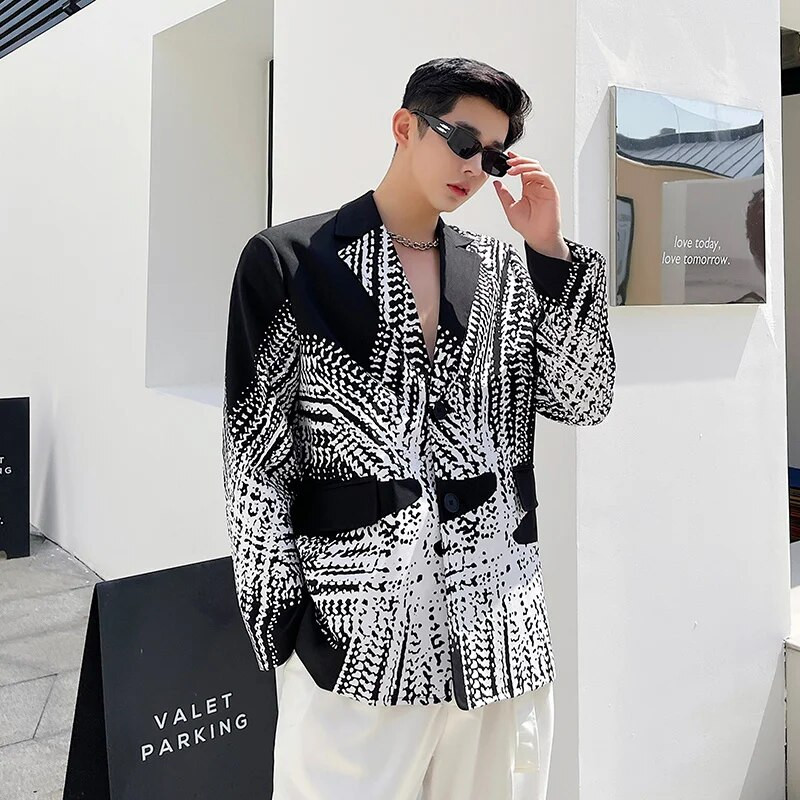 NOYMEI rever 2024 nou costum pentru bărbați haină stil coreean imprimare design la un singur piept moda primăvară temperament sacou masculin WA1166