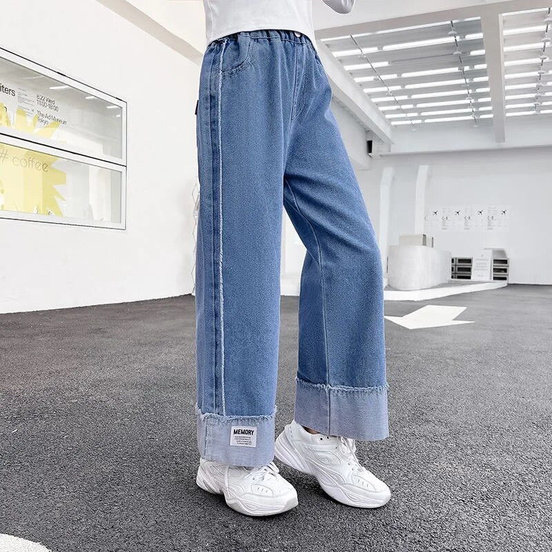 100-160cm dievčenské elastické pásové džínsy so širokými nohavicami, jar/jesen, butiková móda, bavlnené mäkké rovné široké nohavice pre deti a dospievajúce deti