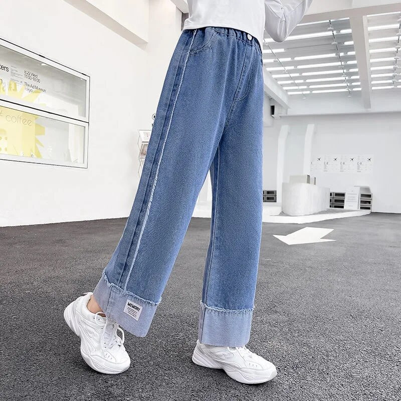 100-160cm dievčenské elastické pásové džínsy so širokými nohavicami, jar/jesen, butiková móda, bavlnené mäkké rovné široké nohavice pre deti a dospievajúce deti