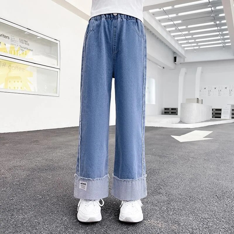 100-160cm dievčenské elastické pásové džínsy so širokými nohavicami, jar/jesen, butiková móda, bavlnené mäkké rovné široké nohavice pre deti a dospievajúce deti