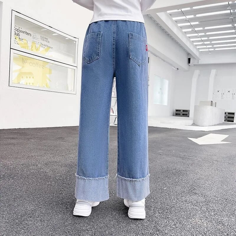 100-160cm dievčenské elastické pásové džínsy so širokými nohavicami, jar/jesen, butiková móda, bavlnené mäkké rovné široké nohavice pre deti a dospievajúce deti