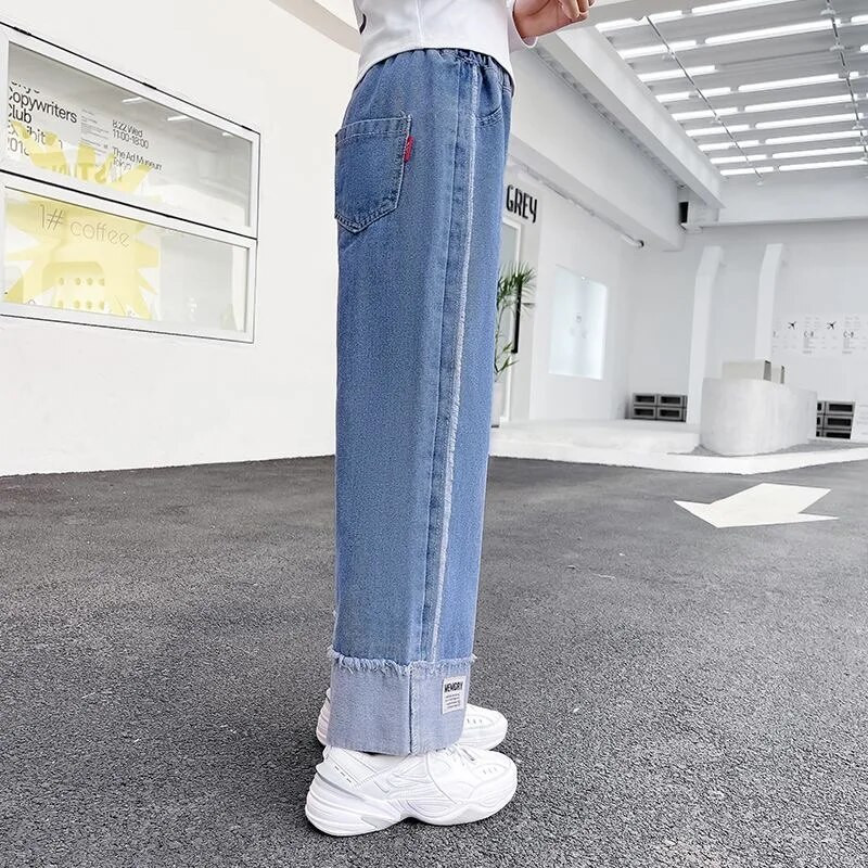100-160cm dievčenské elastické pásové džínsy so širokými nohavicami, jar/jesen, butiková móda, bavlnené mäkké rovné široké nohavice pre deti a dospievajúce deti