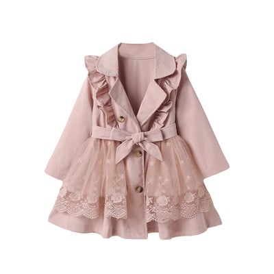 Detský dievčenský zimný trenčkot, čipkovaný, sieťovaný, patchworkový, s dlhým rukávom, klopou, volánikom, dvojitým zapínaním, vetrovka s opaskom, 2-7 rokov