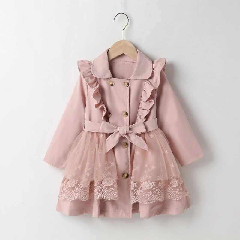 Detský dievčenský zimný trenčkot, čipkovaný, sieťovaný, patchworkový, s dlhým rukávom, klopou, volánikom, dvojitým zapínaním, vetrovka s opaskom, 2-7 rokov