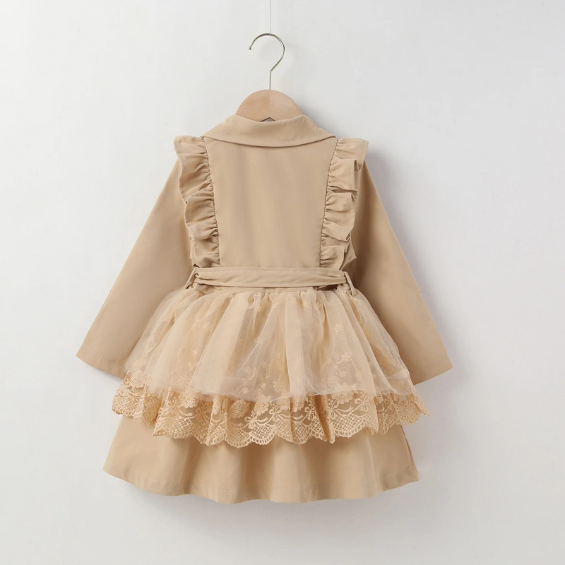 Detský dievčenský zimný trenčkot, čipkovaný, sieťovaný, patchworkový, s dlhým rukávom, klopou, volánikom, dvojitým zapínaním, vetrovka s opaskom, 2-7 rokov