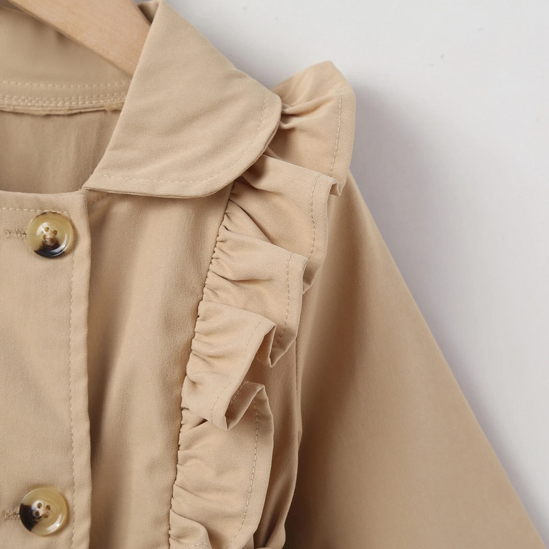 Detský dievčenský zimný trenčkot, čipkovaný, sieťovaný, patchworkový, s dlhým rukávom, klopou, volánikom, dvojitým zapínaním, vetrovka s opaskom, 2-7 rokov