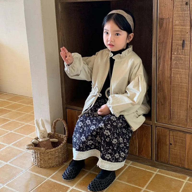 Palton Toamnă Noua Coreea Coreeană Încântător Dulce Talie Retragere Dantela Fete Windbreaker Îmbrăcăminte pentru copii Soild Fermoar