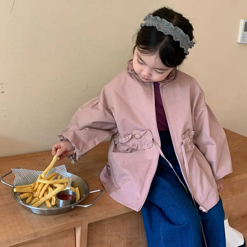 Palton Toamnă Noua Coreea Coreeană Încântător Dulce Talie Retragere Dantela Fete Windbreaker Îmbrăcăminte pentru copii Soild Fermoar