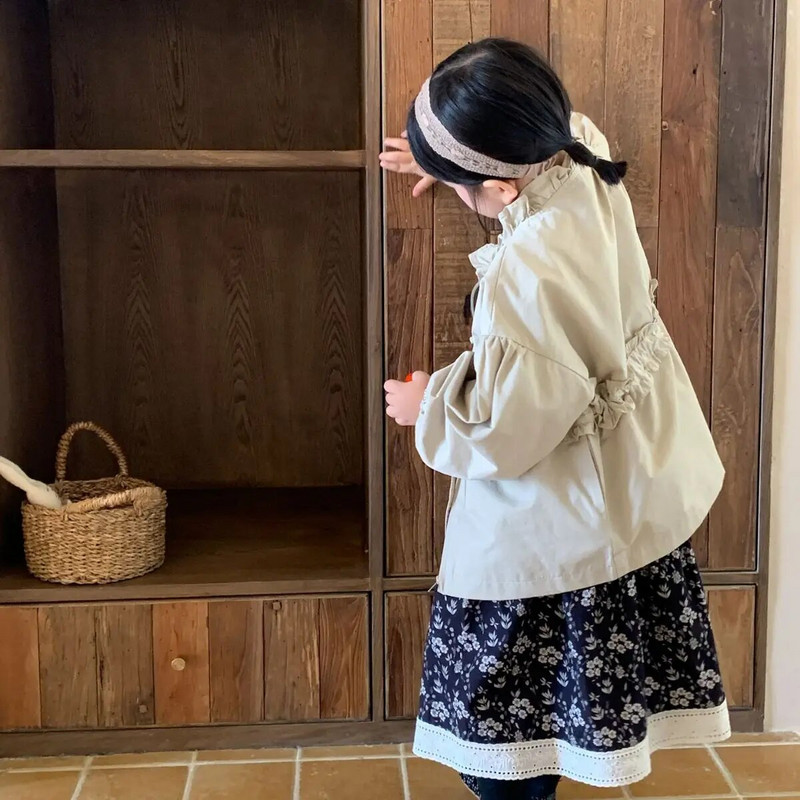 Palton Toamnă Noua Coreea Coreeană Încântător Dulce Talie Retragere Dantela Fete Windbreaker Îmbrăcăminte pentru copii Soild Fermoar