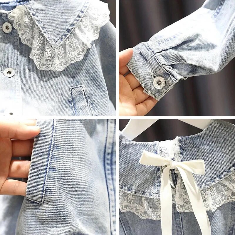 Jachetă de blugi pentru fetițe 1-10 ani, haină de blugi pentru copii la modă nouă, pentru fete, design dulce din dantelă, îmbrăcăminte exterioară de prințesă, îmbrăcăminte pentru copii