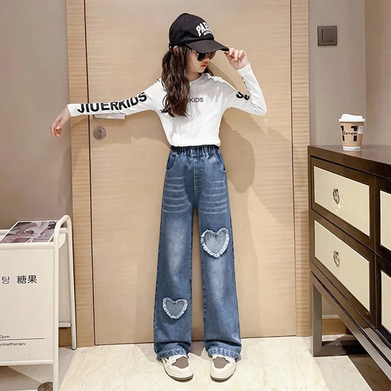 Nouă Modă Adolescent Fete Denim Pantaloni Largi Pantaloni Copii Primăvară Toamnă Model Dragoste Fete Blugi 5-14 Ani Haine pentru copii
