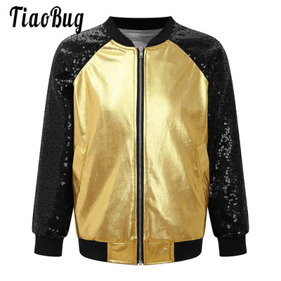 Деца Момичета Момчета Метален бомбардировач Motor Jacket Палто Блестяща бронзираща кърпа Хип-хоп Джаз Модерен танцов топ Диско парти костюм за дете