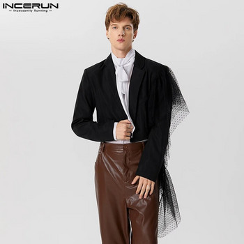 2023 мъжки блейзър дантелен пачуърк ревер дълъг ръкав ежедневни костюми мъжки есен едно копче улично облекло модни къси палта INCERUN S-5XL