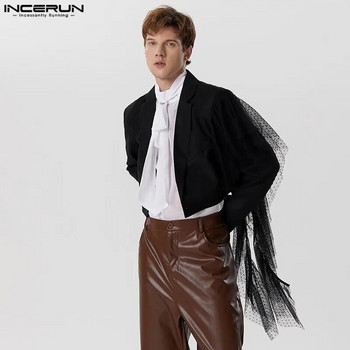2023 мъжки блейзър дантелен пачуърк ревер дълъг ръкав ежедневни костюми мъжки есен едно копче улично облекло модни къси палта INCERUN S-5XL