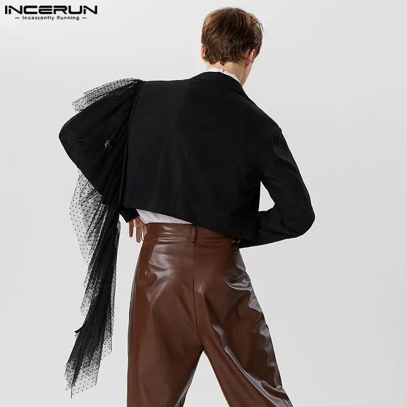 Pánske sako s dlhým rukávom, čipkou a klopou 2023, ležérne obleky s jedným gombíkom, streetwear, módne crop kabáty INCERUN, veľkosť S-5XL