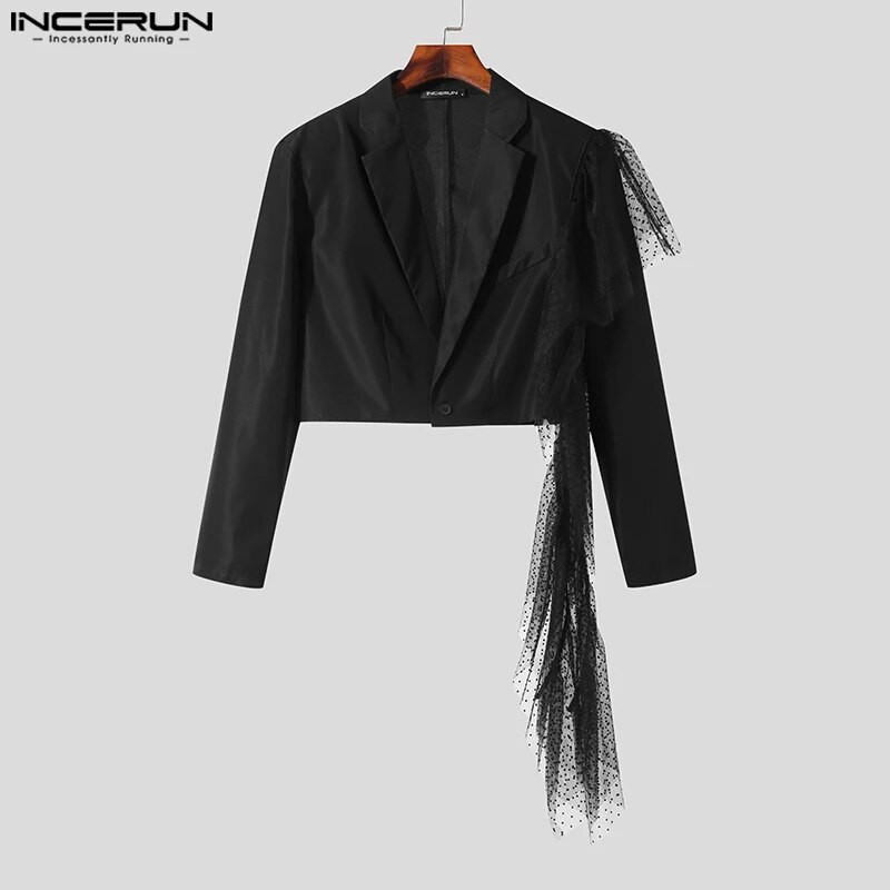 Pánske sako s dlhým rukávom, čipkou a klopou 2023, ležérne obleky s jedným gombíkom, streetwear, módne crop kabáty INCERUN, veľkosť S-5XL