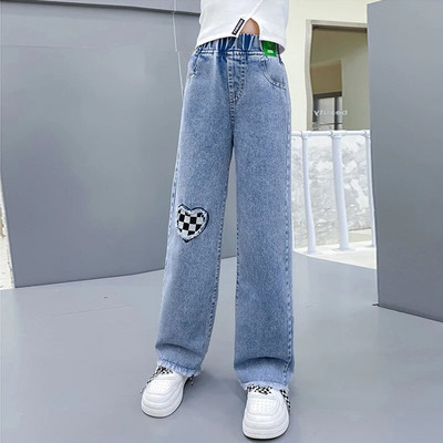IENENS Dievčenské džínsy s vysokým pásom, vrecovité džínsy, rovné voľné nohavice so širokými nohavicami, jarné a jesenné kórejské módne džínsové nohavice