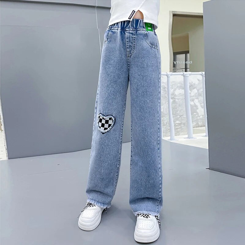 IENENS Dievčenské džínsy s vysokým pásom, vrecovité džínsy, rovné voľné nohavice so širokými nohavicami, jarné a jesenné kórejské módne džínsové nohavice