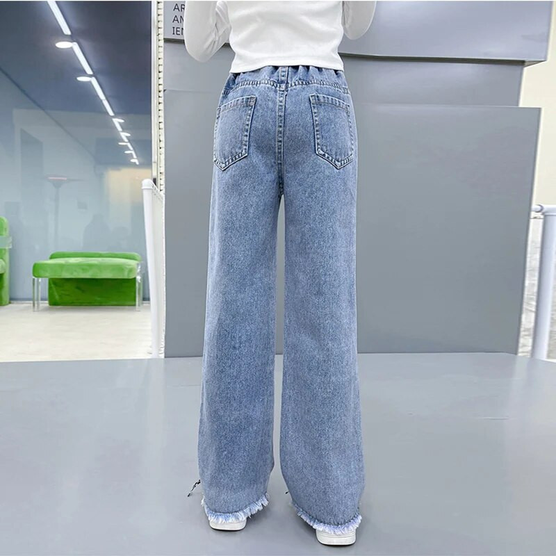 IENENS Dievčenské džínsy s vysokým pásom, vrecovité džínsy, rovné voľné nohavice so širokými nohavicami, jarné a jesenné kórejské módne džínsové nohavice