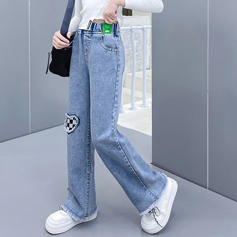 IENENS Dievčenské džínsy s vysokým pásom, vrecovité džínsy, rovné voľné nohavice so širokými nohavicami, jarné a jesenné kórejské módne džínsové nohavice