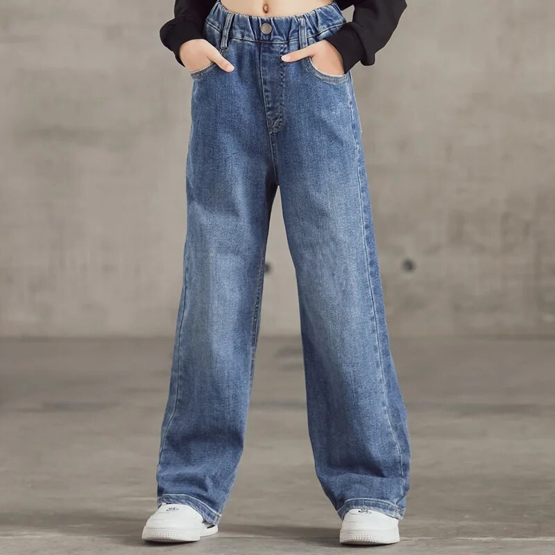 IENENS Dievčenské džínsy s vysokým pásom, rovné, voľné, široké nohavice, jarné a jesenné kórejské vrecovité džínsy, módne detské džínsové nohavice