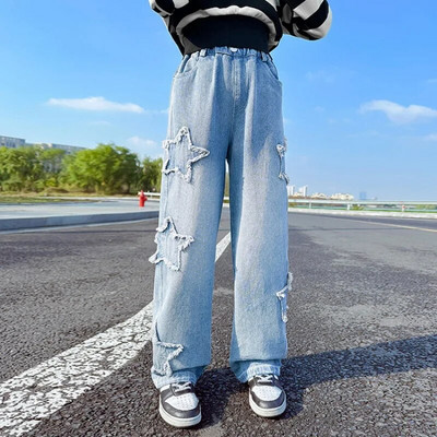 Φθινοπωρινά τζιν για κορίτσια Παιδικά τζιν παντελόνια φαρδιά τζιν για έφηβες παντελόνια φαρδύ πόδι 6 8 10 12 ετών Ελαστική μέση Παιδικό παντελόνι