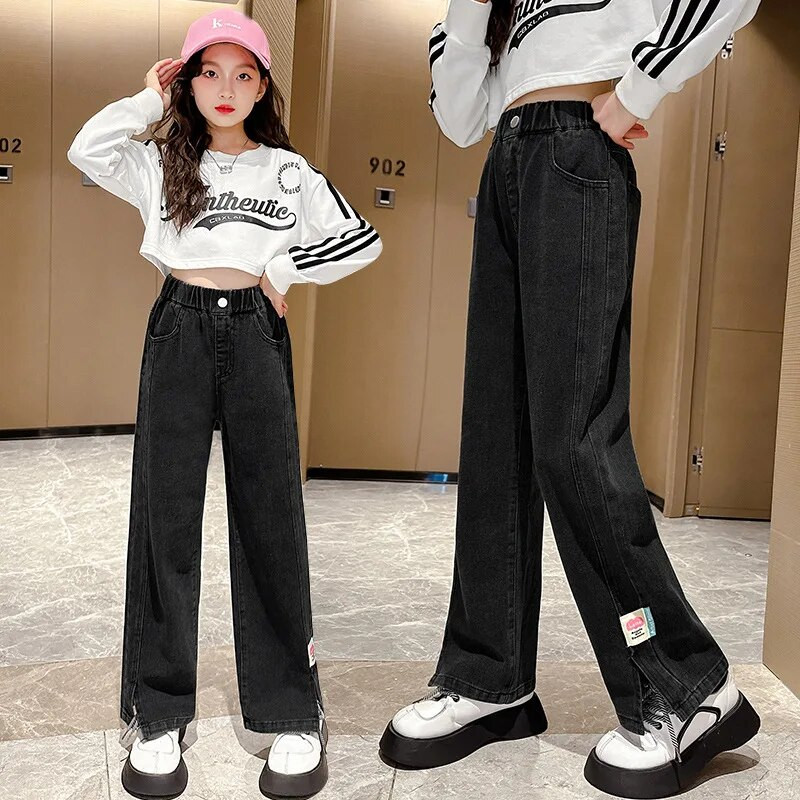 Φθινοπωρινά τζιν για κορίτσια Παιδικά τζιν παντελόνια φαρδιά τζιν για έφηβες παντελόνια φαρδύ πόδι 6 8 10 12 ετών Ελαστική μέση Παιδικό παντελόνι