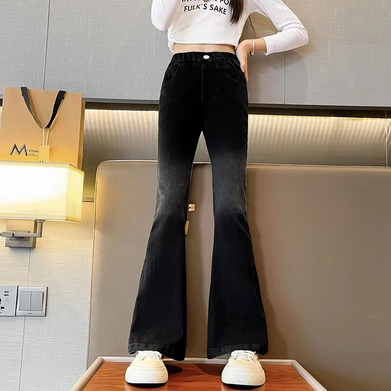 Blugi pentru fete de primăvară, pentru fete adolescente, material din denim, pantaloni cu talie înaltă, pantaloni evazați, haine copii pentru 5-16 ani