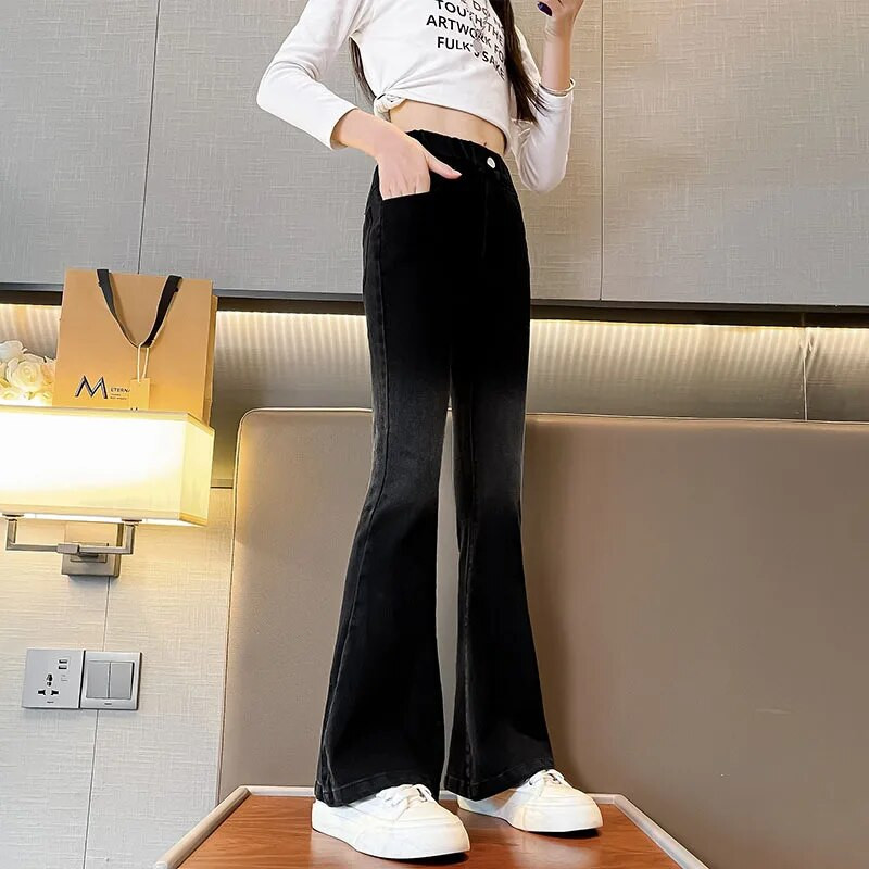 Blugi pentru fete de primăvară, pentru fete adolescente, material din denim, pantaloni cu talie înaltă, pantaloni evazați, haine copii pentru 5-16 ani