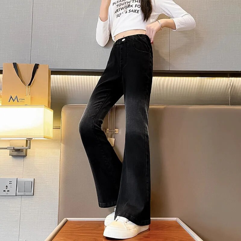 Blugi pentru fete de primăvară, pentru fete adolescente, material din denim, pantaloni cu talie înaltă, pantaloni evazați, haine copii pentru 5-16 ani