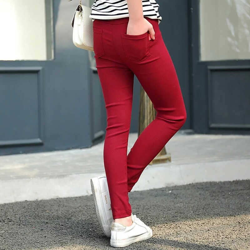 Uued tüdrukute pliiatspüksid kevadised ja sügisesed lapsed vabaaja ühevärvilised taskuga stretšpüksid WTP13