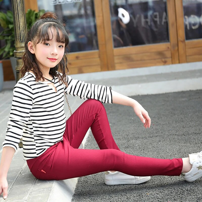 Uued tüdrukute pliiatspüksid kevadised ja sügisesed lapsed vabaaja ühevärvilised taskuga stretšpüksid WTP13