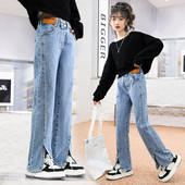 Jarné dievčenské rifle pre dospievajúce dievčatá, džínsový materiál, elastický pás, rozparované nohavice, zvonové nohavice, detské oblečenie pre deti 5-16 rokov