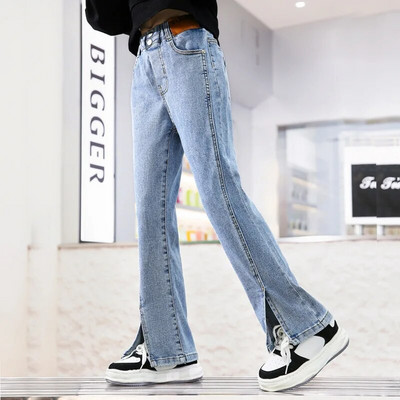 Jarné dievčenské rifle pre dospievajúce dievčatá, džínsový materiál, elastický pás, rozparované nohavice, zvonové nohavice, detské oblečenie pre deti 5-16 rokov