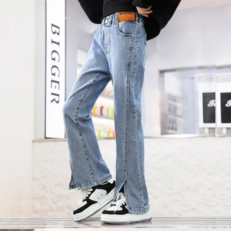 Jarné dievčenské rifle pre dospievajúce dievčatá, džínsový materiál, elastický pás, rozparované nohavice, zvonové nohavice, detské oblečenie pre deti 5-16 rokov