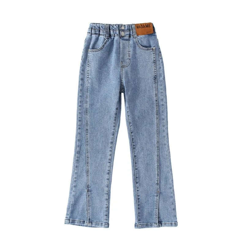 Jarné dievčenské rifle pre dospievajúce dievčatá, džínsový materiál, elastický pás, rozparované nohavice, zvonové nohavice, detské oblečenie pre deti 5-16 rokov