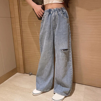 IEENS ψηλόμεσο τζιν κορίτσι ίσιο φαρδύ παντελόνι με φαρδύ πόδι Ανοιξιάτικο και Φθινόπωρο Κορεάτικο φαρδύ τζιν Παιδικό τζιν παντελόνι
