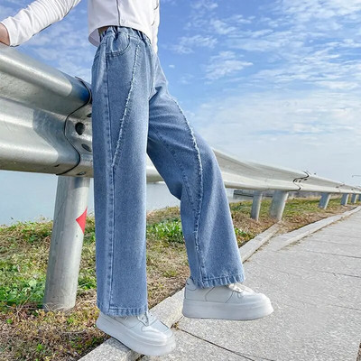 IENENS Blugi cu talie înaltă pentru fetiță Pantaloni largi, drepți, largi, primăvară și toamnă, blugi largi coreeni, pantaloni din denim pentru copii