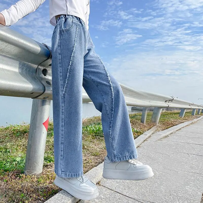 IENENS Blugi cu talie înaltă pentru fetiță Pantaloni largi, drepți, largi, primăvară și toamnă, blugi largi coreeni, pantaloni din denim pentru copii